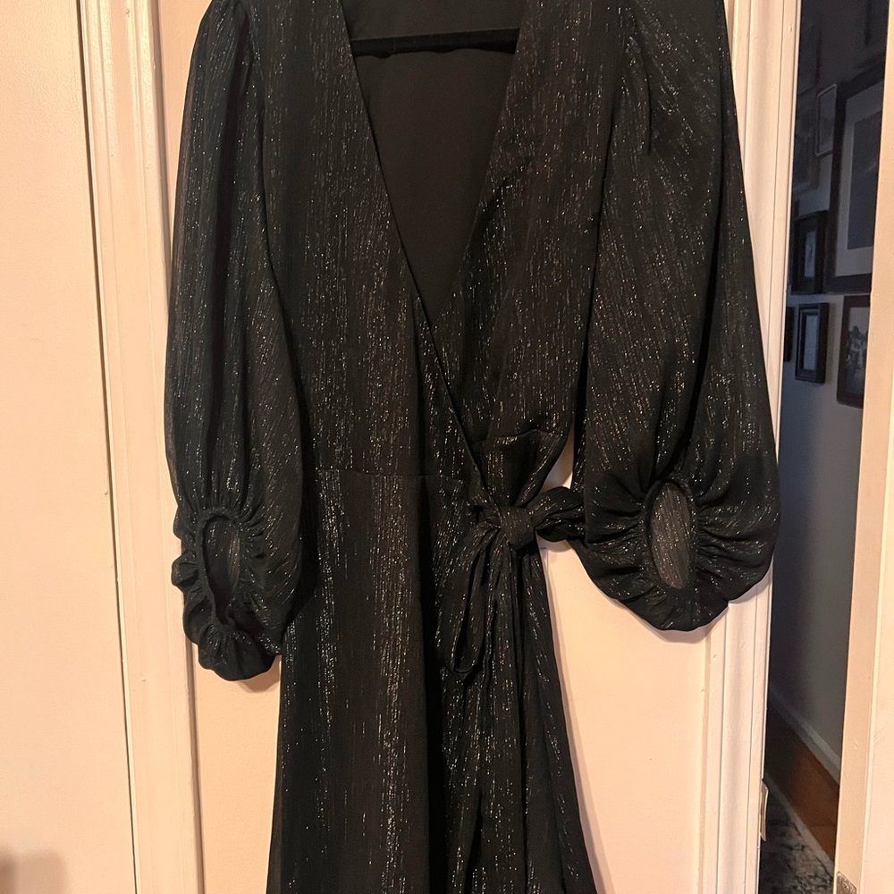Elegant Black Wrap Dress with Puff Sleeves
